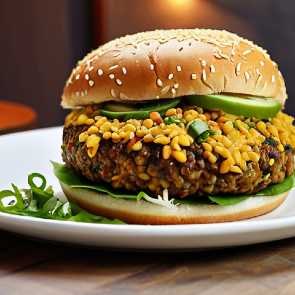 **Dal Chawal Burger Fusion:** A vibrant and delicious-looking burger featuring elements of dal chawal (lentils and rice), showcasing Pakistani fusion cuisine, brightly lit, appetizing.