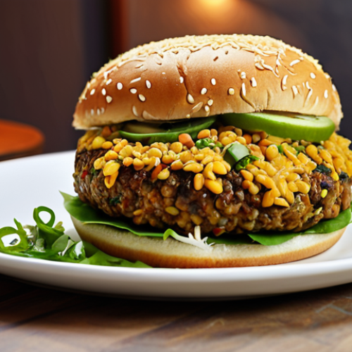 Home 23 **Dal Chawal Burger Fusion:** A vibrant and delicious-looking burger featuring elements of dal chawal (lentils and rice), showcasing Pakistani fusion cuisine, brightly lit, appetizing.