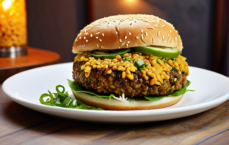 **Dal Chawal Burger Fusion:** A vibrant and delicious-looking burger featuring elements of dal chawal (lentils and rice), showcasing Pakistani fusion cuisine, brightly lit, appetizing.
