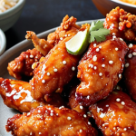 **Korean Mexican Fusion Chicken Feast:** A vibrant, mouth-watering close-up shot of fusion cuisine. Show a plate piled high with Korean fried chicken pieces glazed in a spicy-sweet chili sauce with a hint of Mexican spices. Garnish with sesame seeds, cilantro, and lime wedges. Include a side of kimchi fried rice and a small bowl of creamy queso dip. The lighting should be warm and inviting, emphasizing the textures and colors of the food.