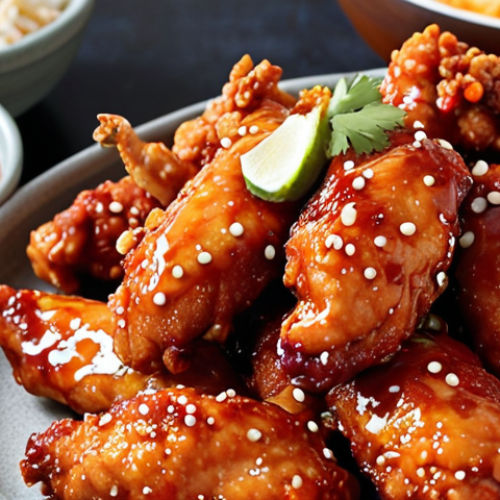 Home 22 **Korean Mexican Fusion Chicken Feast:** A vibrant, mouth-watering close-up shot of fusion cuisine. Show a plate piled high with Korean fried chicken pieces glazed in a spicy-sweet chili sauce with a hint of Mexican spices. Garnish with sesame seeds, cilantro, and lime wedges. Include a side of kimchi fried rice and a small bowl of creamy queso dip. The lighting should be warm and inviting, emphasizing the textures and colors of the food.