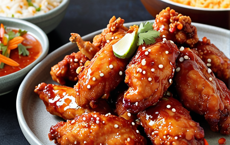 **Korean Mexican Fusion Chicken Feast:** A vibrant, mouth-watering close-up shot of fusion cuisine. Show a plate piled high with Korean fried chicken pieces glazed in a spicy-sweet chili sauce with a hint of Mexican spices. Garnish with sesame seeds, cilantro, and lime wedges. Include a side of kimchi fried rice and a small bowl of creamy queso dip. The lighting should be warm and inviting, emphasizing the textures and colors of the food.