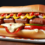 **

A fusion hot dog, cut in half, showcasing the layers: a hot dog sausage, various colorful toppings (onions, tomatoes, bell peppers), a generous drizzle of different sauces, and melted cheese. The bun should appear fresh and soft.

**
