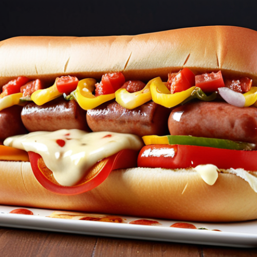 Home 21 **
A fusion hot dog, cut in half, showcasing the layers: a hot dog sausage, various colorful toppings (onions, tomatoes, bell peppers), a generous drizzle of different sauces, and melted cheese. The bun should appear fresh and soft.
**