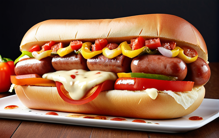 **
A fusion hot dog, cut in half, showcasing the layers: a hot dog sausage, various colorful toppings (onions, tomatoes, bell peppers), a generous drizzle of different sauces, and melted cheese. The bun should appear fresh and soft.
**