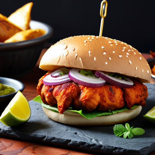Home 20 **
A Desi burger featuring Tandoori chicken, mint chutney, and onions, showcasing a spicy and flavorful combination.
**