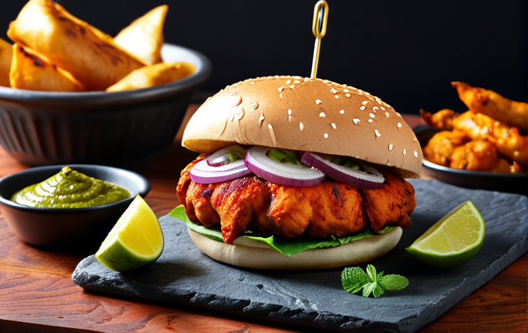 **
A Desi burger featuring Tandoori chicken, mint chutney, and onions, showcasing a spicy and flavorful combination.
**