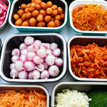 **Image Prompt:** A vibrant display at a local Pakistani farmer's market showcasing unique and fresh toppings like pickled onions, spicy kimchi, and seasonal herbs, set up for customers to customize their fusion hot dogs. Focus on the colors and textures of the fresh ingredients.