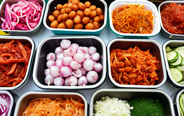 **Image Prompt:** A vibrant display at a local Pakistani farmer's market showcasing unique and fresh toppings like pickled onions, spicy kimchi, and seasonal herbs, set up for customers to customize their fusion hot dogs. Focus on the colors and textures of the fresh ingredients.